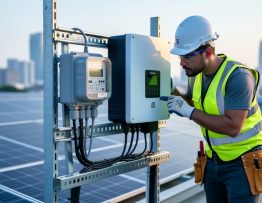 Technician inspecting an industrial energy meter and wiring next to a solar inverter on a commercial rooftop, with rows of solar panels and a distant city skyline softly blurred in the background.