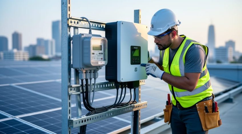 Technician inspecting an industrial energy meter and wiring next to a solar inverter on a commercial rooftop, with rows of solar panels and a distant city skyline softly blurred in the background.