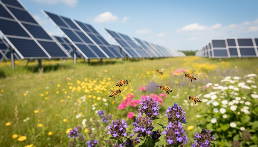 Honeybee pollinating purple coneflower with solar panels in background