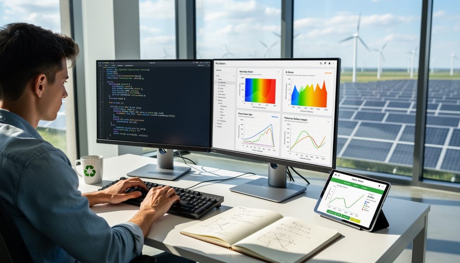 Close-up of programmer's hands coding on laptop keyboard