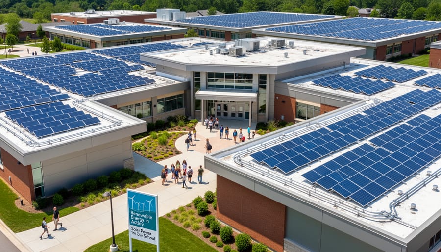 Aerial view of elementary school with solar panels covering multiple roof sections