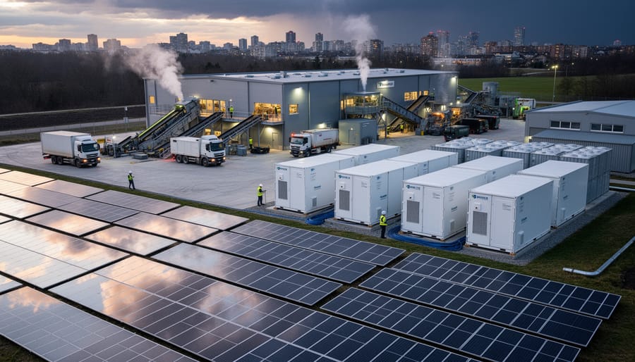 Battery storage containers and solar panels forming microgrid system at industrial facility