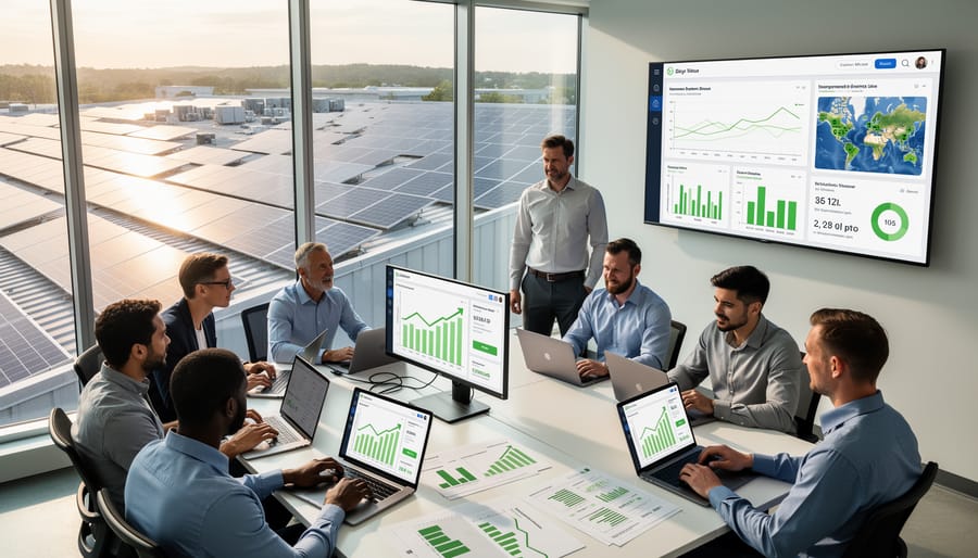 Professional team discussing renewable energy data strategy near solar installation