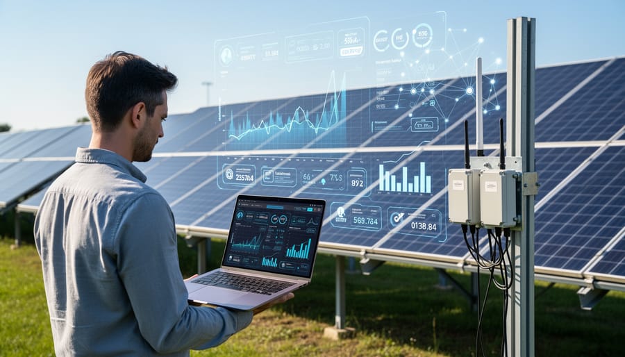Commercial solar panel installation with monitoring sensors and data collection equipment