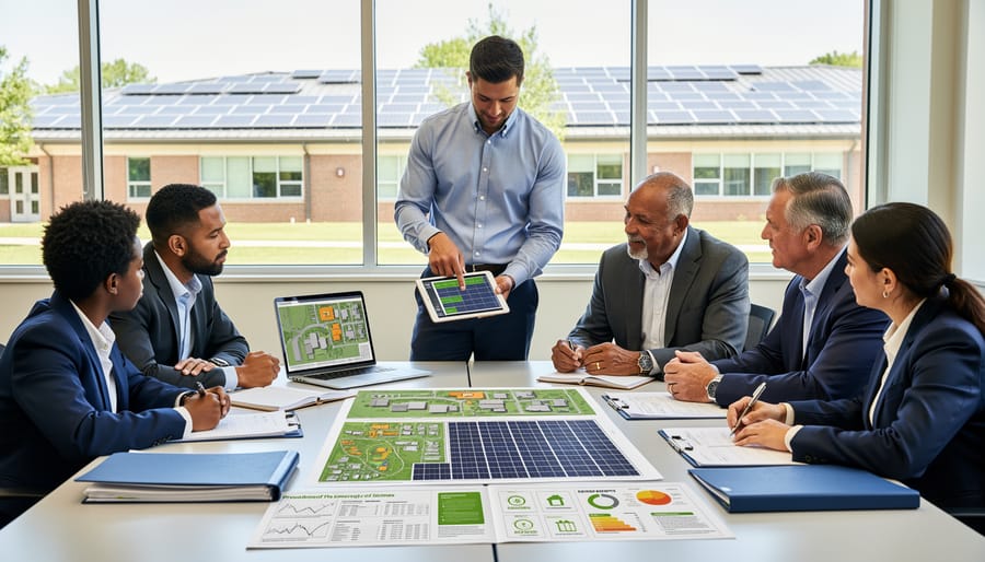 Solar educator consulting with school administrator near rooftop solar panel installation