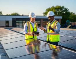 Solar educator and school administrator in safety vests examining a school rooftop solar array, one holding a tablet, under warm side lighting with a blurred school building and playground in the background.