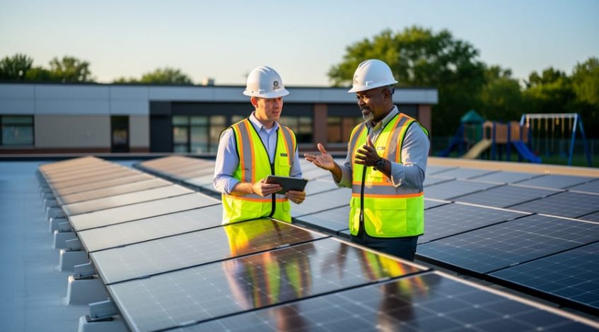 Solar educator and school administrator in safety vests examining a school rooftop solar array, one holding a tablet, under warm side lighting with a blurred school building and playground in the background.