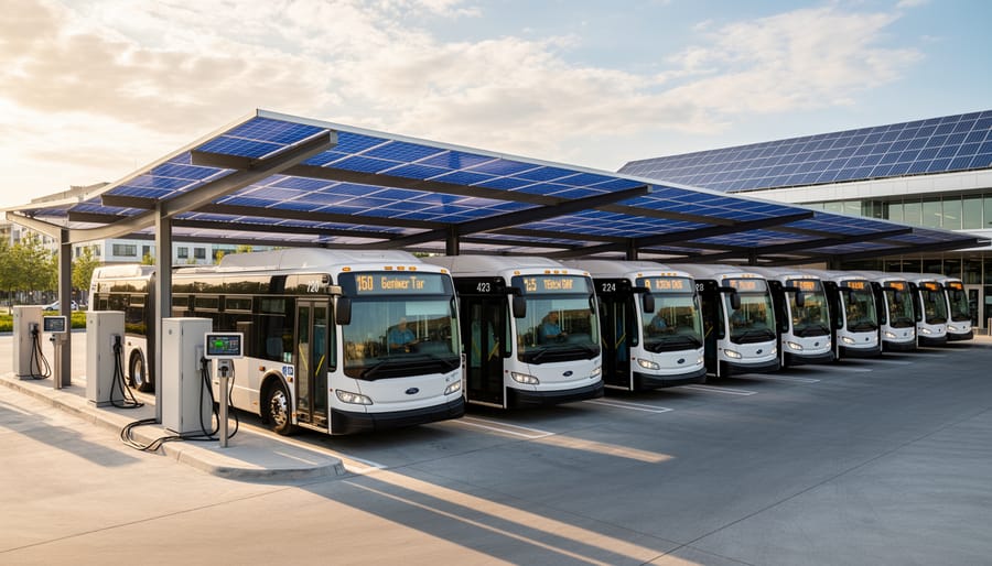 Electric bus charging under solar panel canopy at transit facility