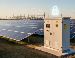 Low-angle photo of a commercial solar farm with a foreground inverter cabinet and rows of blue panels at golden hour, accented by faint network lines and a glowing lock icon symbolizing cybersecurity, with a distant substation in the background.