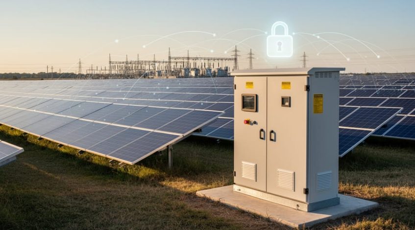 Low-angle photo of a commercial solar farm with a foreground inverter cabinet and rows of blue panels at golden hour, accented by faint network lines and a glowing lock icon symbolizing cybersecurity, with a distant substation in the background.