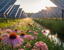 Low-angle view of a solar farm with blooming native wildflowers and a bee in sharp focus, while rows of solar panels and a vegetated bioswale with reeds are softly blurred in the golden hour light.