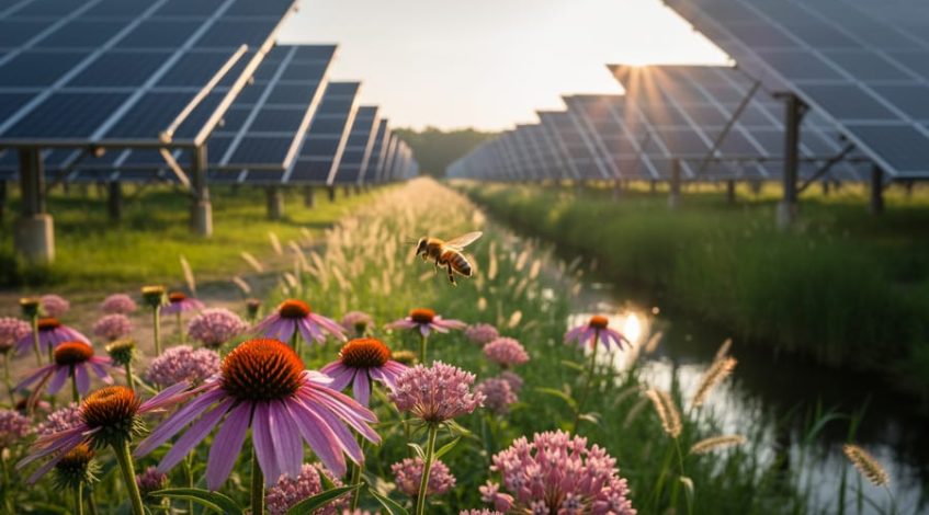 Low-angle view of a solar farm with blooming native wildflowers and a bee in sharp focus, while rows of solar panels and a vegetated bioswale with reeds are softly blurred in the golden hour light.