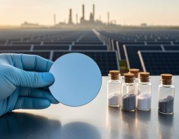 Gloved hand holds a polished silicon wafer next to small glass vials of lithium and cobalt on a workbench, with rows of solar panels blurred in the background at golden hour.