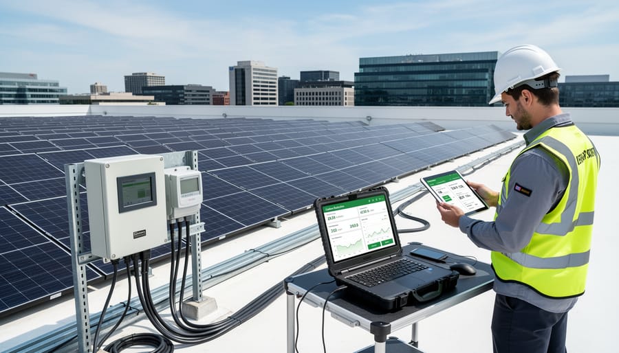 Commercial rooftop solar panel installation with monitoring equipment and urban skyline background