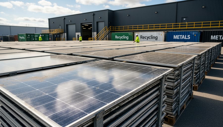 Stacked decommissioned solar panels at industrial recycling facility