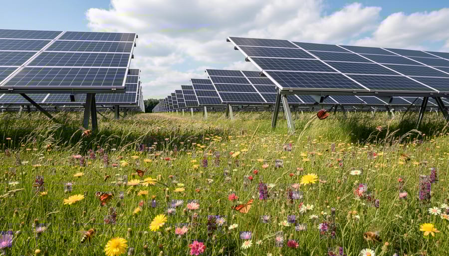 Solar panels with native wildflowers and grasses growing naturally beneath in commercial installation