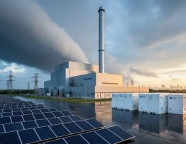 Modern waste-to-energy plant with flue stack, solar panels in the foreground, and white battery storage containers under receding storm clouds, illuminated by low golden sunlight, with distant transmission towers and a faint city skyline.