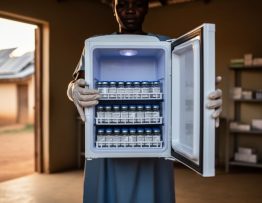 Healthcare worker in a rural clinic opening a solar-powered medical refrigerator with rooftop solar panels visible through the doorway, warm sunlight and softly blurred shelves in the background.