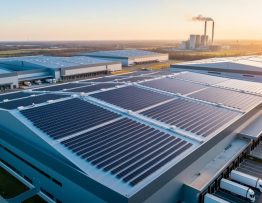 A modern factory roof covered with solar panels at golden hour, seen from an elevated 45-degree angle, with loading bays, trucks, and smokeless stacks in the softly de-emphasized background.
