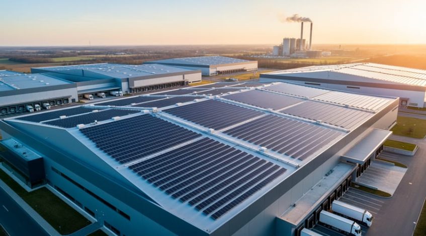 A modern factory roof covered with solar panels at golden hour, seen from an elevated 45-degree angle, with loading bays, trucks, and smokeless stacks in the softly de-emphasized background.