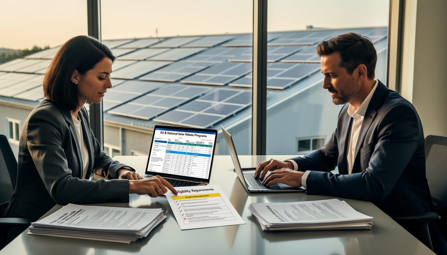 Business professional signing renewable energy rebate application documents