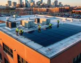 Workers install photovoltaic panels on a mid-century brick commercial building’s rooftop alongside existing HVAC units, viewed from a 45-degree elevated angle at golden hour with a city skyline and parking lot in the background.