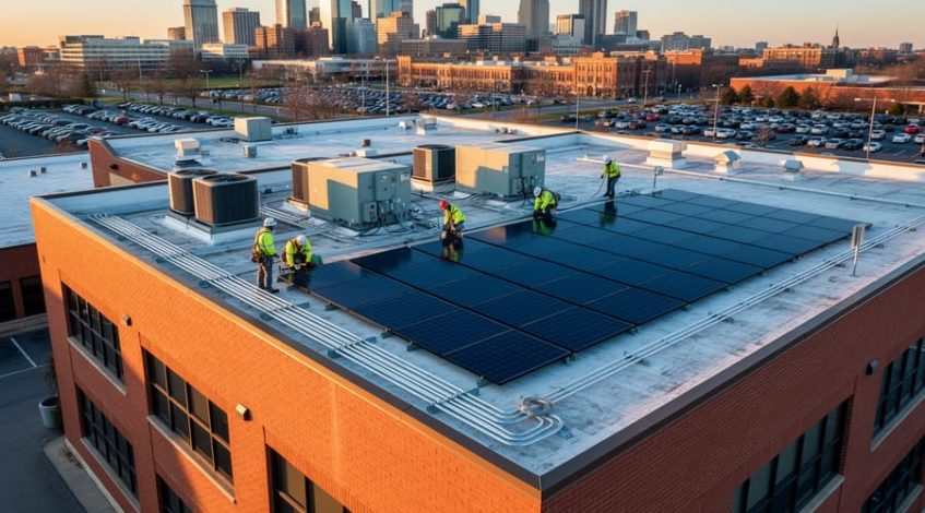 Workers install photovoltaic panels on a mid-century brick commercial building’s rooftop alongside existing HVAC units, viewed from a 45-degree elevated angle at golden hour with a city skyline and parking lot in the background.