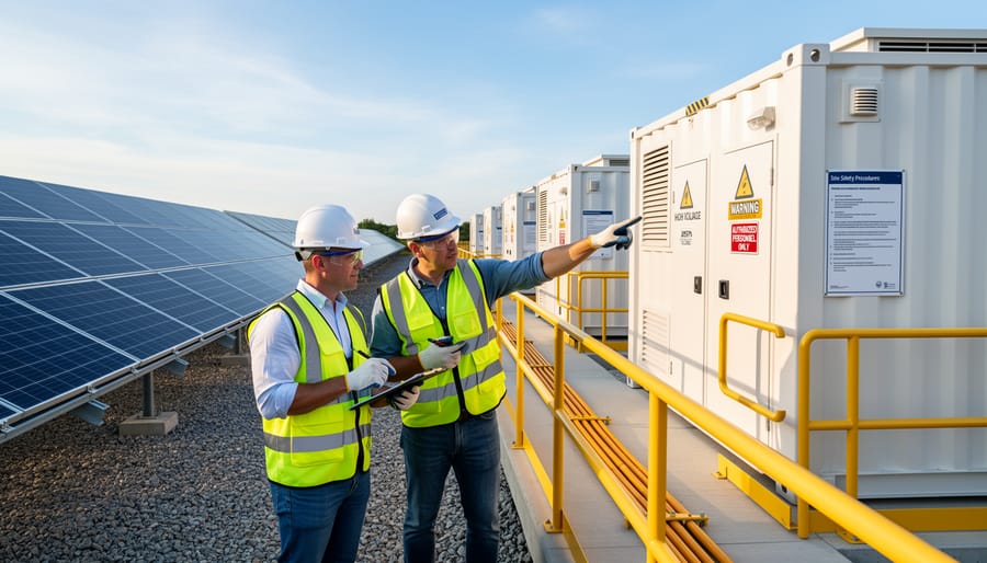Commercial solar panel installation with battery storage containers showing integrated energy system