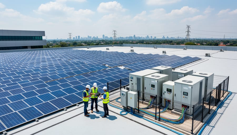 Commercial solar installation with battery storage system at twilight showing grid integration technology