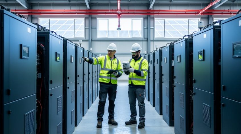 Two engineers in PPE inspect lithium-ion battery racks under red fire-suppression piping inside an energy storage room, with rooftop solar panels visible through high windows in a clean industrial setting.