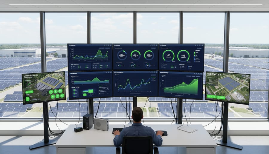 Industrial engineer monitoring solar energy system performance at manufacturing facility control panel