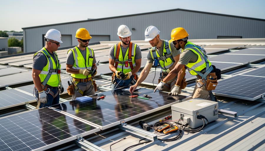 Instructor demonstrating solar panel electrical connections to apprentice during technical training