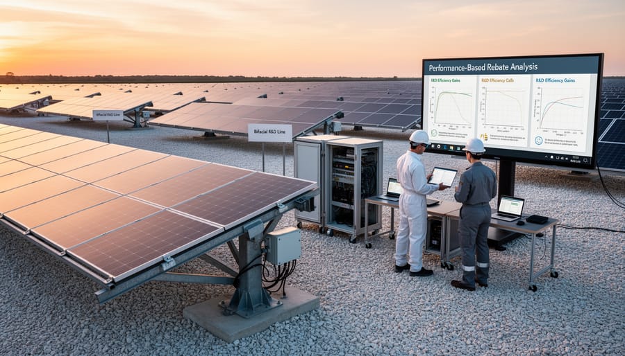 Modern commercial solar farm installation with research facility showing advanced photovoltaic technology
