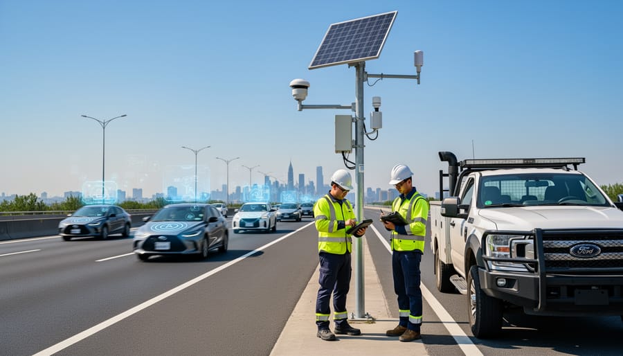 Transportation engineer inspecting solar-powered roadside communication equipment