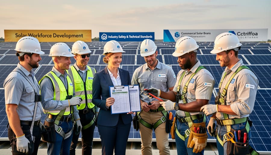 Diverse team of solar installation workers in safety gear working on commercial rooftop solar array