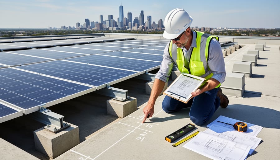 Engineer inspecting roof structural supports and solar mounting brackets