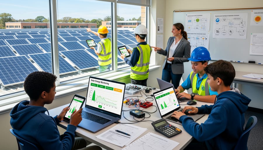 Students examining solar energy monitoring system in classroom setting