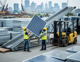 Workers in high-visibility vests handle a decommissioned solar panel at an urban e-waste yard with stacked panels on pallets, a nearby forklift, and a softly blurred city skyline under overcast light.