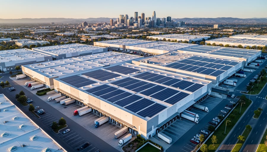 Aerial view of warehouse with large-scale commercial solar panel installation