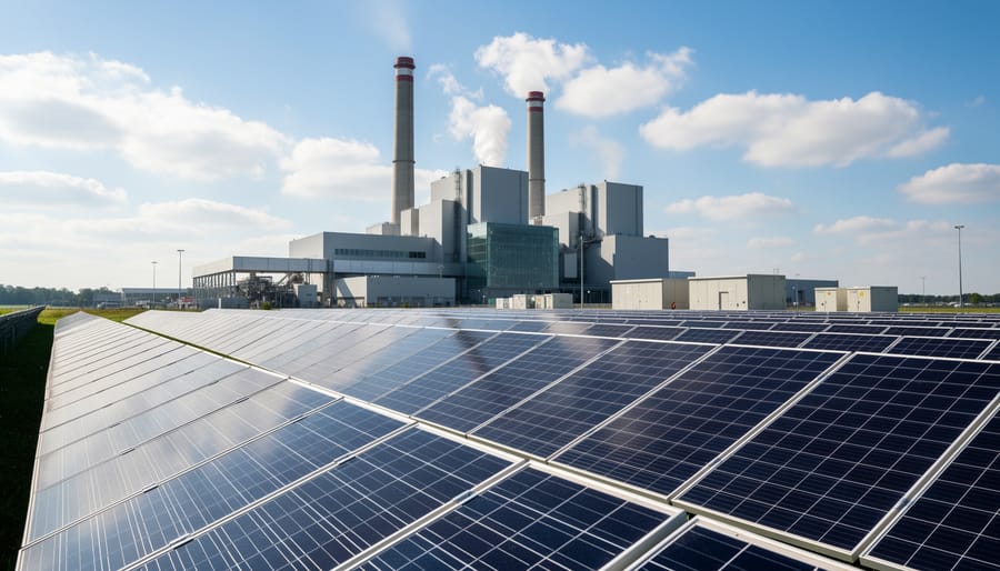 Aerial view of waste-to-energy facility with extensive solar panel installations on rooftops