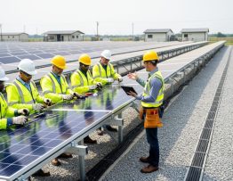 "Instructor coaching a diverse group of trainees in hard hats and safety vests as they install solar panels on racking in a commercial training yard, with rows of panels and a facility building behind them under bright overcast light"