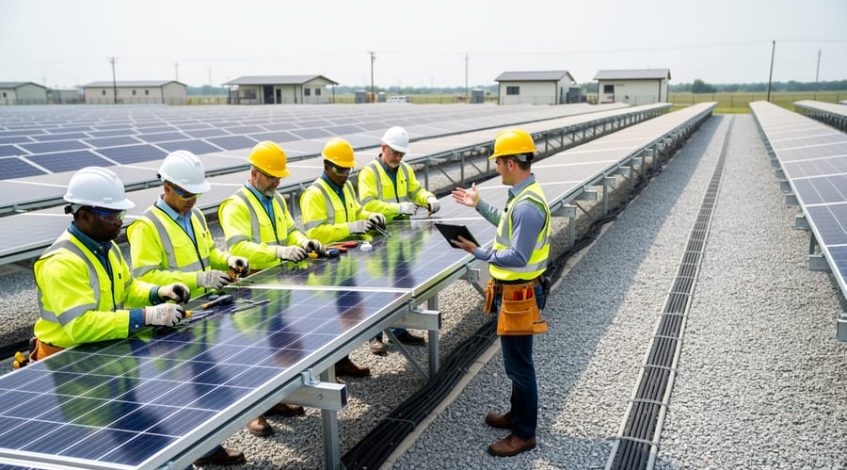 "Instructor coaching a diverse group of trainees in hard hats and safety vests as they install solar panels on racking in a commercial training yard, with rows of panels and a facility building behind them under bright overcast light"