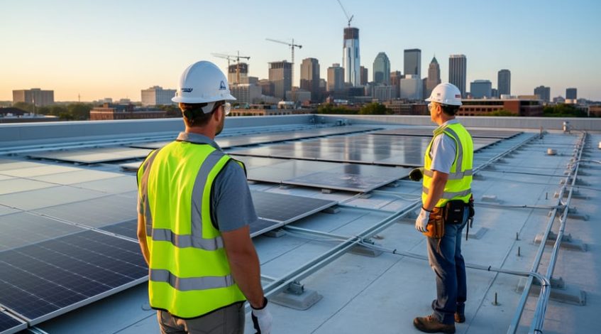 Two engineers in safety gear stand on a new commercial flat roof with partial solar panels, visible conduit stubs, racking, and open solar-ready zones, with a city skyline and cranes in the background under warm side lighting.