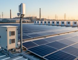 Commercial rooftop with blue solar panels, a compact 5G small cell antenna, and a rugged edge-computing cabinet in warm side light, with industrial buildings, battery containers, and distant power lines softly blurred in the background.
