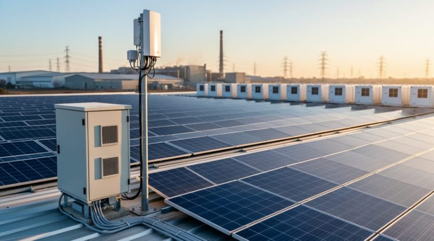 Commercial rooftop with blue solar panels, a compact 5G small cell antenna, and a rugged edge-computing cabinet in warm side light, with industrial buildings, battery containers, and distant power lines softly blurred in the background.