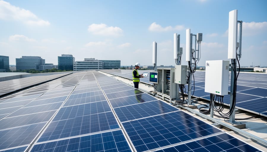 Commercial solar panel array with 5G tower and edge computing equipment