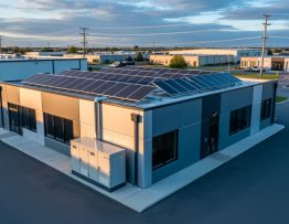 Small commercial building with rooftop solar panels and a ground-level battery storage cabinet connected by conduit, photographed at golden hour with utility poles and a light industrial area in the background.