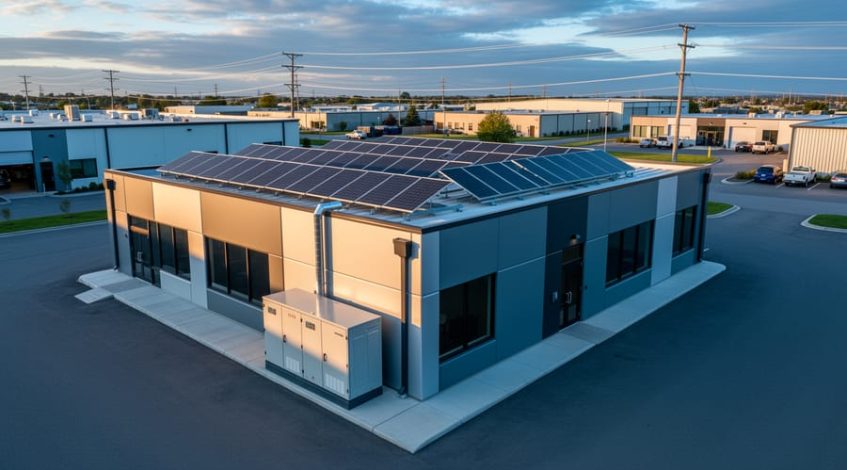 Small commercial building with rooftop solar panels and a ground-level battery storage cabinet connected by conduit, photographed at golden hour with utility poles and a light industrial area in the background.