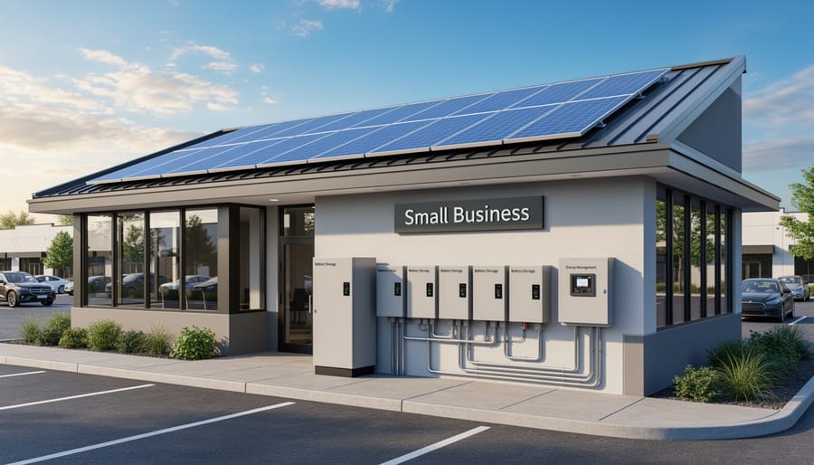 Commercial rooftop solar panel array with battery storage cabinet on building roof