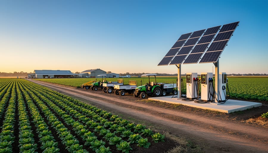 Electric farm vehicle charging at solar-powered station in agricultural field